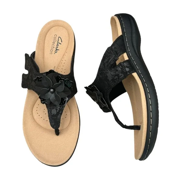 Clarks Women's Laurieann Gema Leather Thong Sandal Size 7 Black Arch Support - Picture 9 of 14